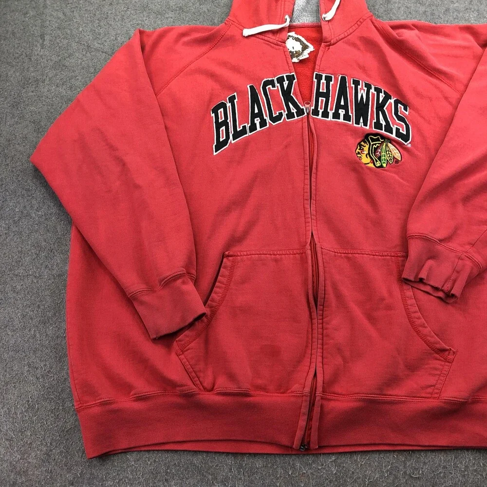 Vintage Chicago Blackhawks Hoodie Mens 4XL Red NHL Full Zip Sweatshirt Y2K